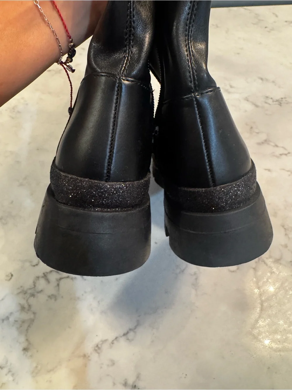 Steve Madden Black Leather Knee-High Boots with Glitter Platform